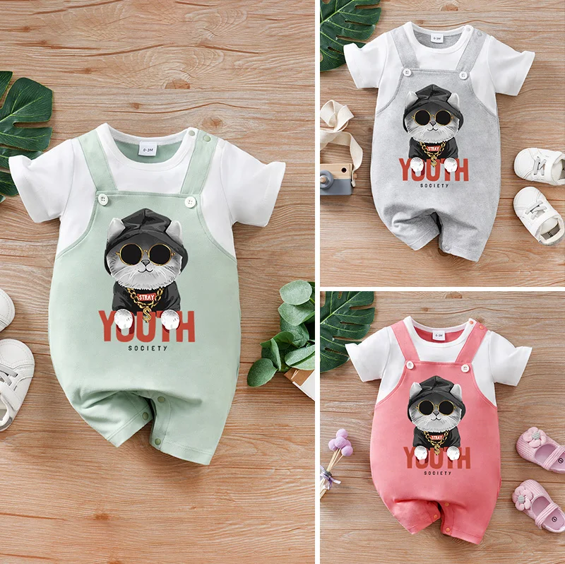 

3-color newborn baby summer fake two-piece glasses cat print short-sleeve round-neck jumpsuit