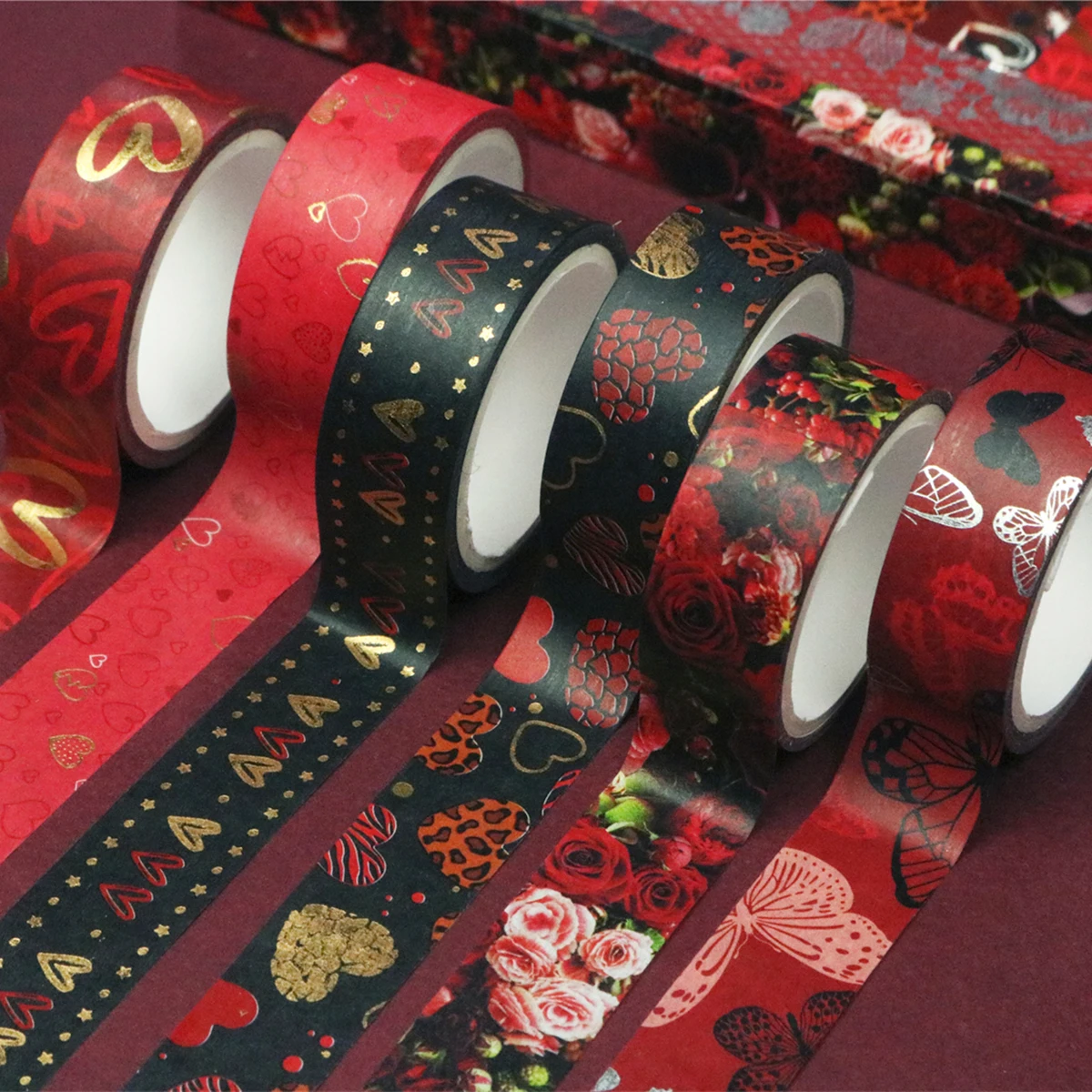 9 Rolls of Gold-Foil Valentine's Day Washi Tape Heart Butterfly Patterns, DIY Crafts, Scrapbooking, Bullet Journaling Decorative