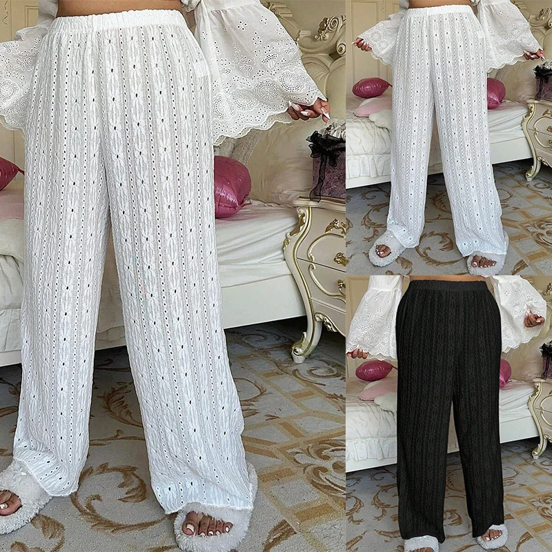 Casual bloemenborduurwerk lange broek hoge taille elastische taille polyestervezel dames herfstbroek rechte pijpen wijde pijpen