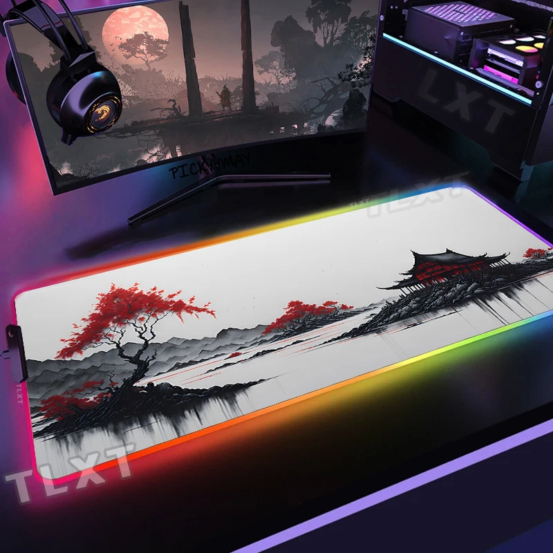 

Landscape Ink Painting RGB Gaming Mousepads Desk Pad Keyboard Mat LED Gamer Mousepad XXL Mouse Pads Luminous Mouse Mats Antislip