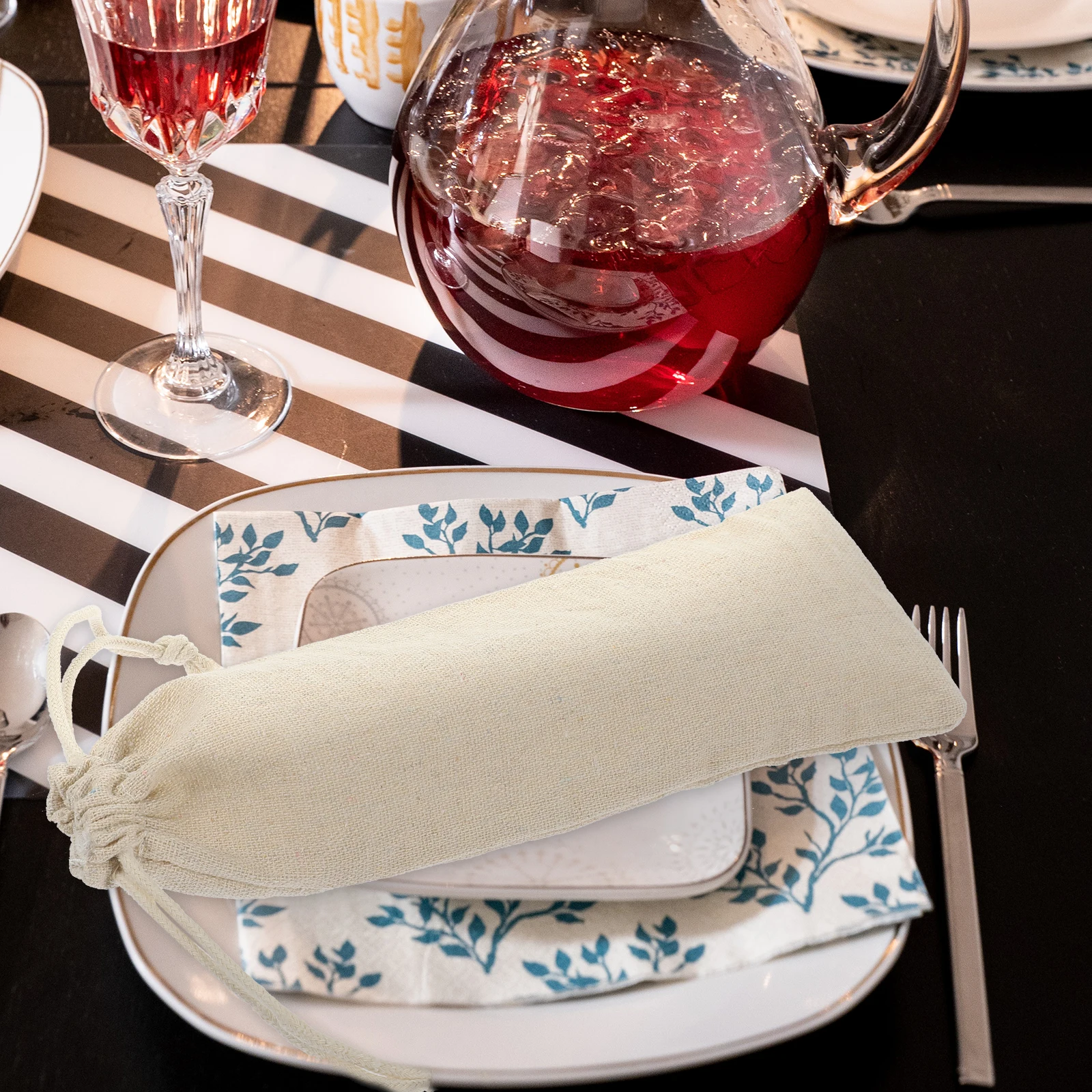 

10pcs Cutlery Storage Bags Knife Fork Chopsticks Straw Beige Cotton Drawstring Compact Travel Camping Picnic Outdoor Storage