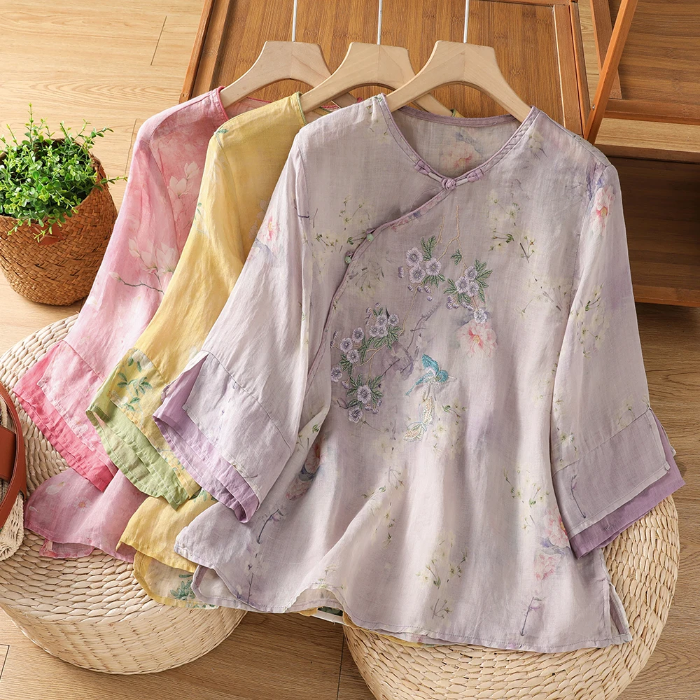

New Chinese Style Embroidered round Neck T-Shirt plus Size Women's Base Shirt Spring Summer Fashion Artistic Commute Style
