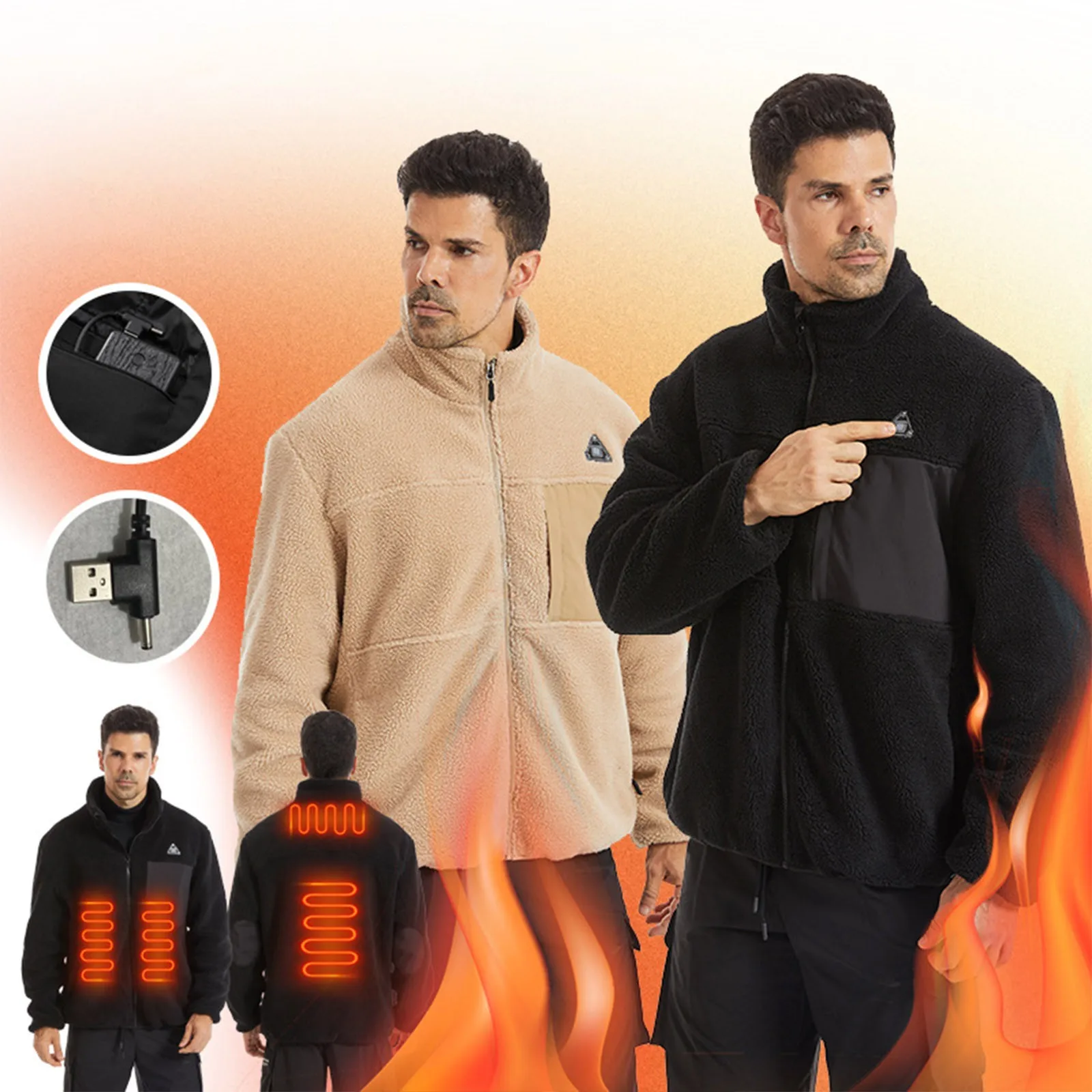 Winter Smart Heating Jacket Men's Heated Fleece Stand Up Collar Zipper Coat Cold Weather Warm Electric Heating Outweer Jacket