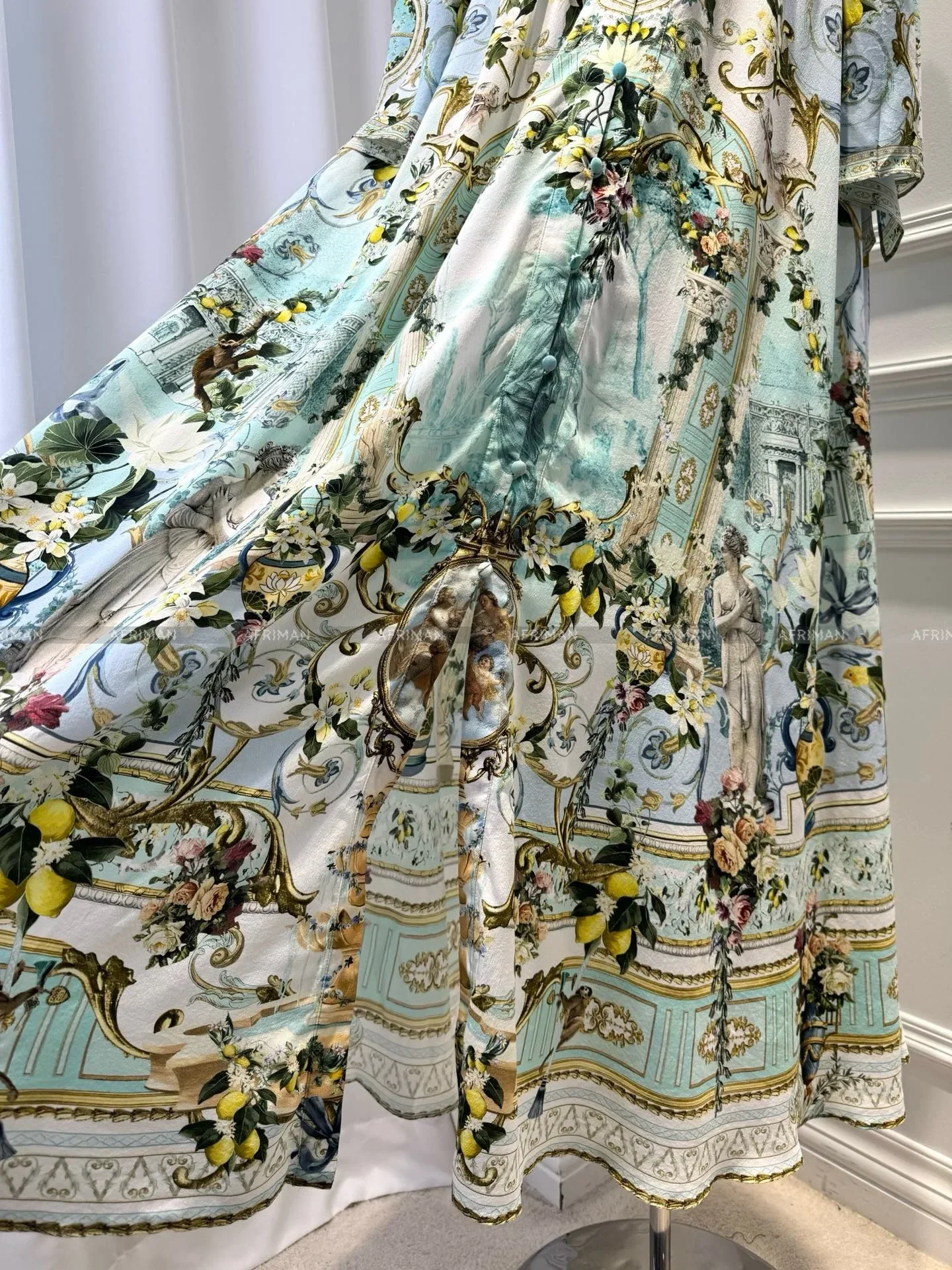 Damen-Maxikleid mit V-Ausschnitt, Kristallperlen, ausgestellte Ärmel, Retro-Zitronenblumendruck, langes Seidenhemdkleid