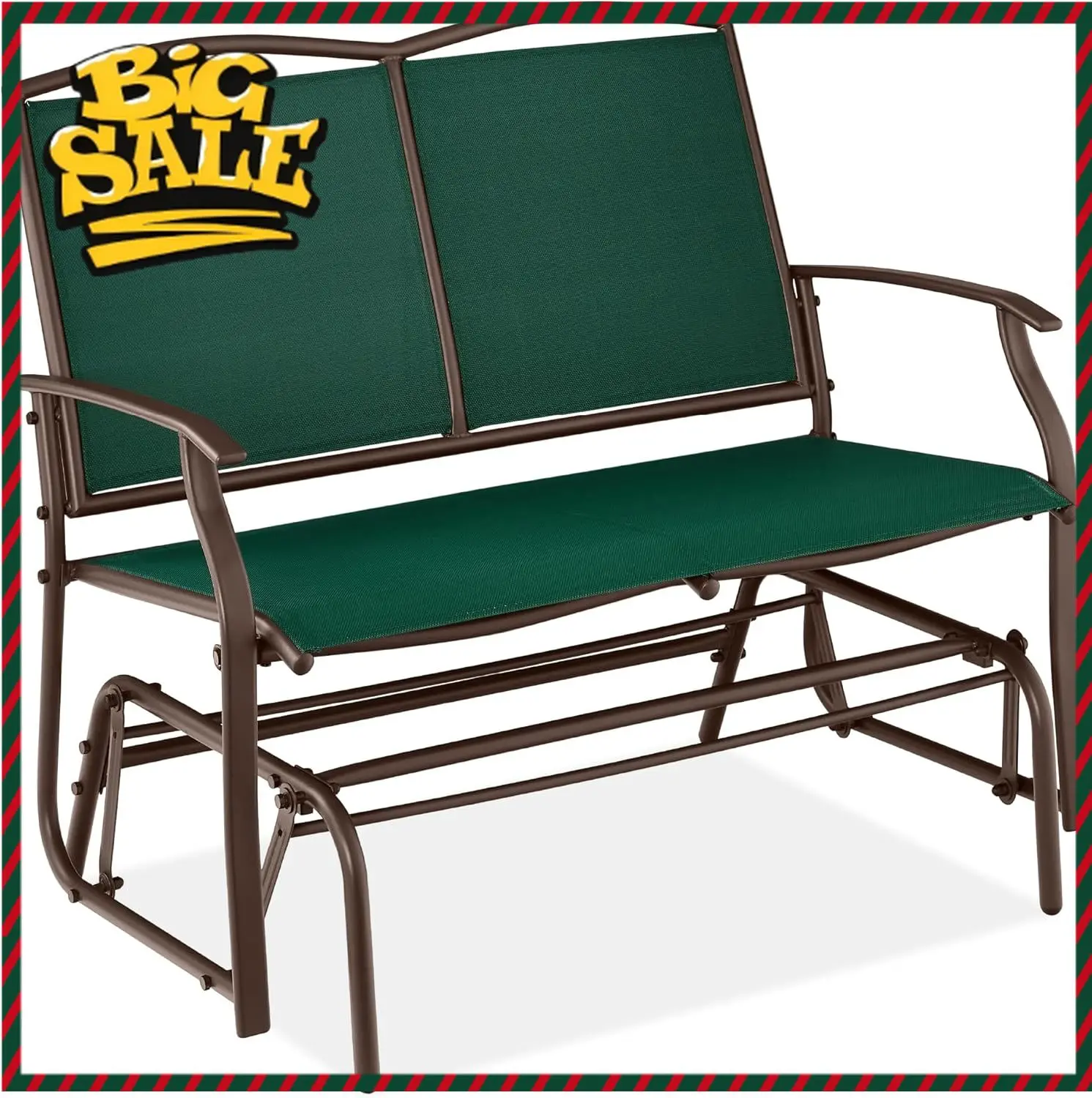 

2-Person Outdoor Patio Swing Glider Steel Bench Loveseat Rocker for Deck, Porch w/Textilene Fabric, Steel Frame - Forest Green/B