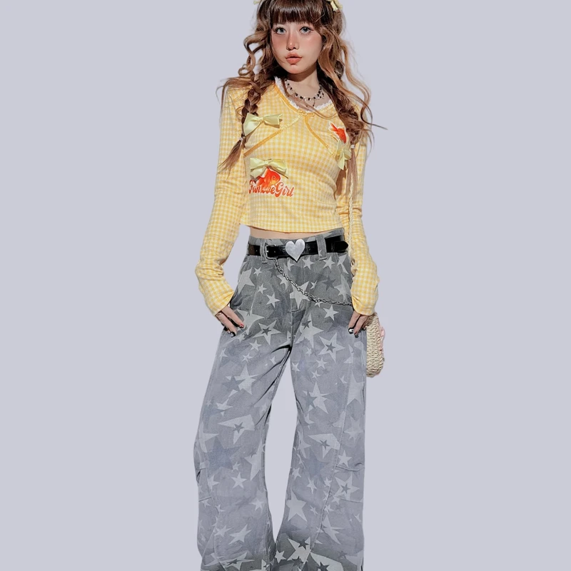 التصميم الأصلي كم طويل المرأة تي شيرت 2025 الخريف جديد خمر لطيف القوس الأصفر منقوشة الطباعة الحلو كول تي شيرت السيدات