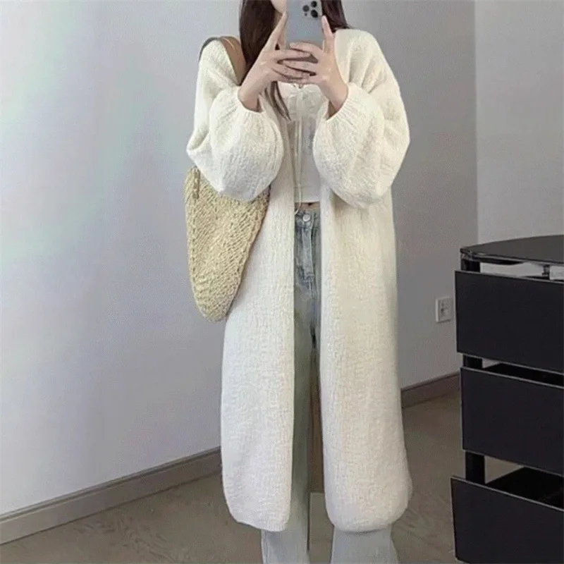 Women Knitted Cardigan Sweaters Mid Length Solid Jumpers Round Collar Puff Sleeves Loose Open Stitch Casual 2025 Autumn Winter
