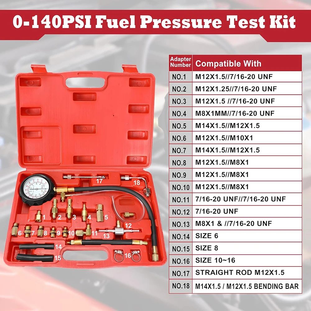 0-140PSI Fuel Injector Injection Pump Pressure Tester Gauge Kit