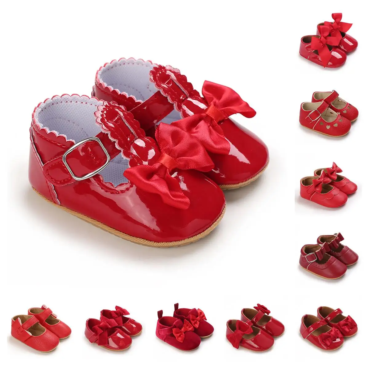 Spring and Autumn New Newborn Girl Infant Anti slip Walking Shoes, Girl Baby Red Comfortable Rubber Sole Bow Shoes Walking Shoes