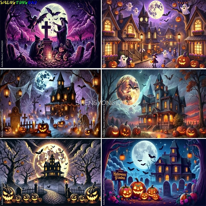

Pumpkins Halloween Day Spooky Backdrop Props Lanterns Cobwebs Creepy Wicked Eerie Evil Scary Dark Night Forest Background VC-06