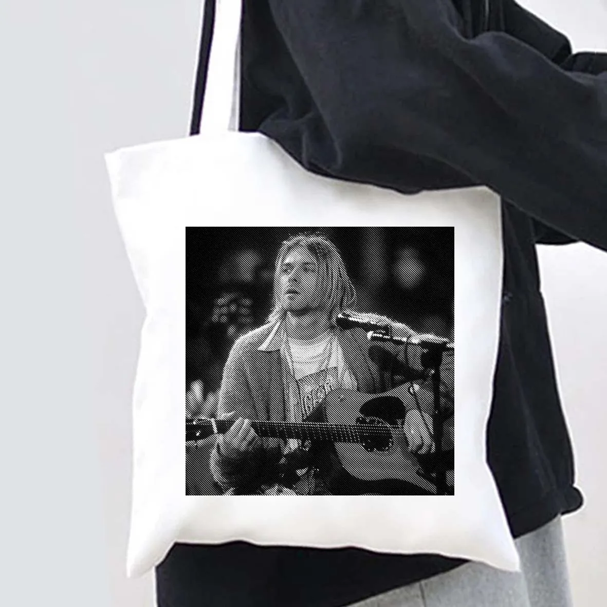 Singer Kurt Cobain Portrait Pop Poster Rock Roll Music Retro Vintage Men Women Canvas Shoulder Tote Bag Shopper Shopping Handbag