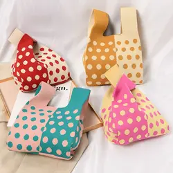 Bolso de mano de punto hecho a mano, bolso de mano informal de Color, Mini bolso de muñeca con nudo, bolso de hombro a cuadros, bolsos de compras reutilizables