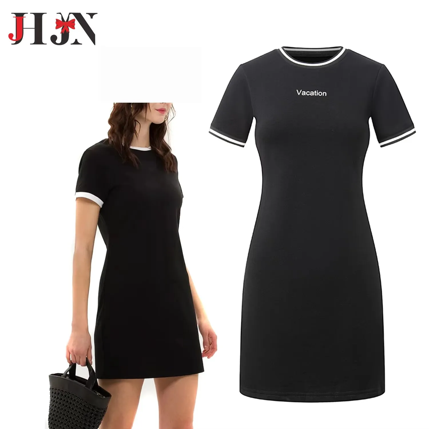 JHJN-T-shirt manches courtes brodé pour femme, robe mi-longue, slim, polyvalent, été 2024