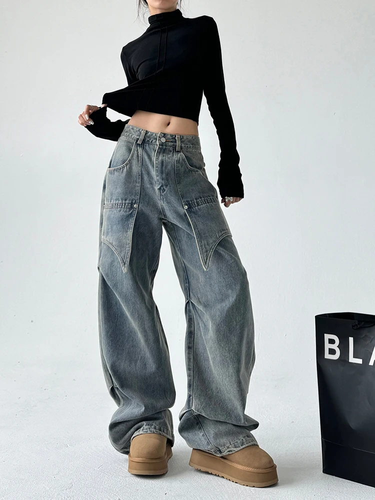 

American Retro Asymmetric ket Jeans Women's Loose Straight Leg Pants Winter New Sle Streetwear Student Versatile Cotton ...