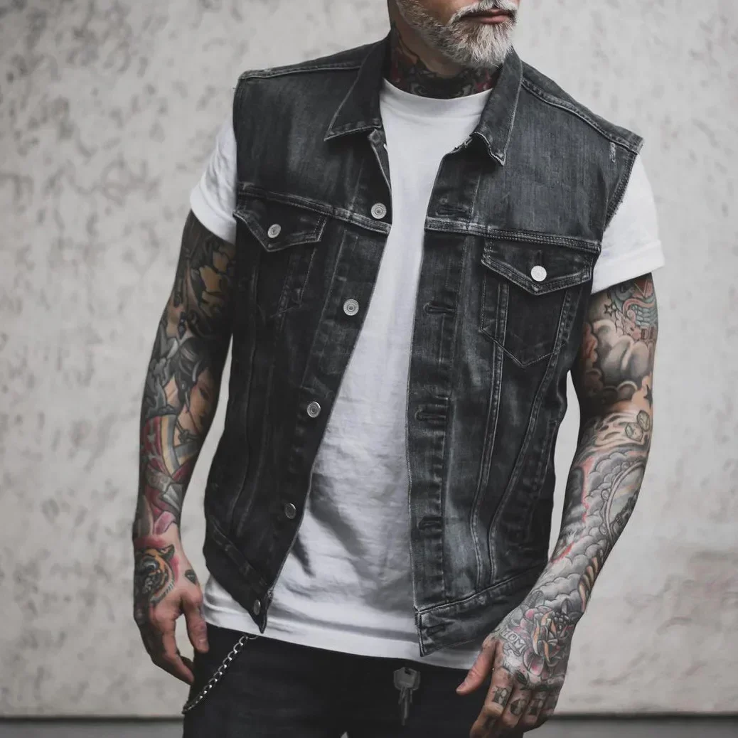

Vests Men Denim Jacket Turn Down Collar Sleeveless Coats Casual Regular Splice Pocket Button Single Breasted Coat Jackets 2024