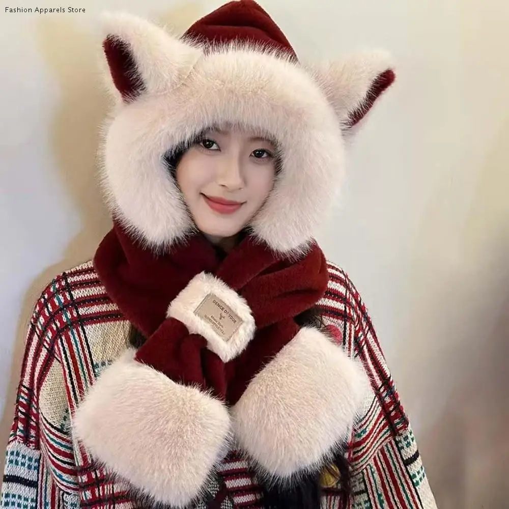التزلج الكرتون الشتاء أفخم قبعة مكافحة البرد 2 في 1 الحيوان الأذن وشاح قبعة دفئا يندبروف الأذن حماية قبعة النساء #1