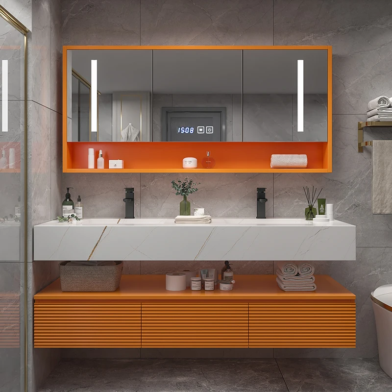 Light luxury rock slab integrated basin simple modern intelligent oak bathroom cabinet Bathroom double basin wash basin