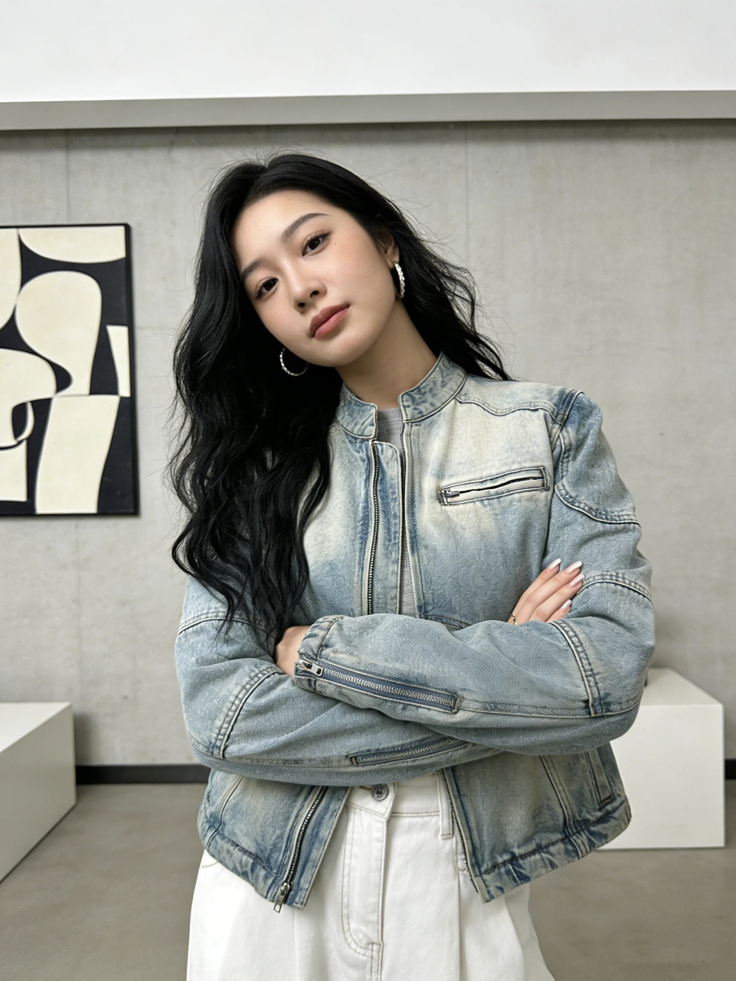 

Retro American Waed Zipper Denim Jaet Women's Spring New Casual Versatile Jaet Top Stand Fit Pure Color Long Sve