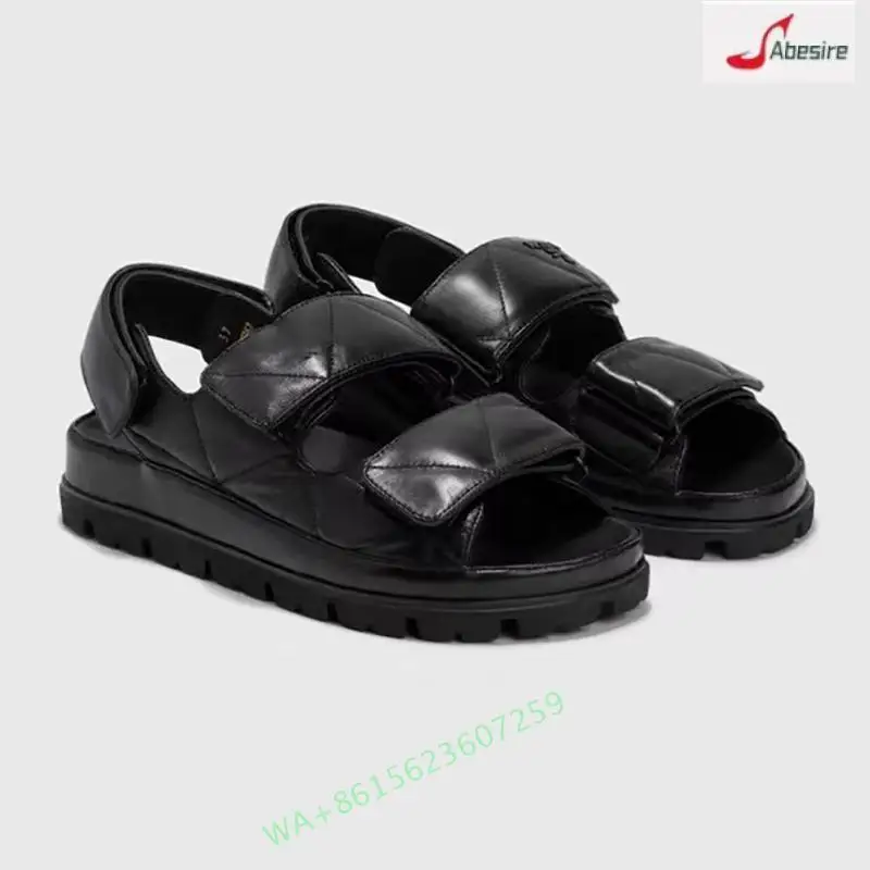 Summer New Women Sandals Vegan Leather Platform Hook-And-Loop Slingback Casual Sandals Open Toe Black Handmade 35-40