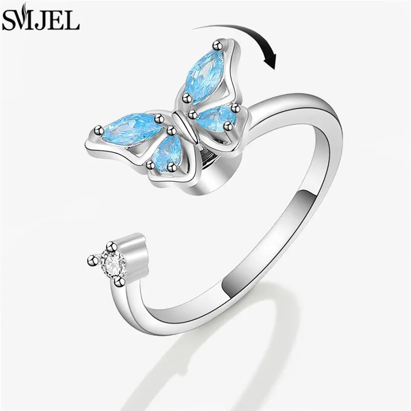 Luxury Fidget Spinner Ring Anxiety for Women Crystal Flower Bee Butterfly Charms Finger Rings Girls Anti Stress Wedding Jewelry