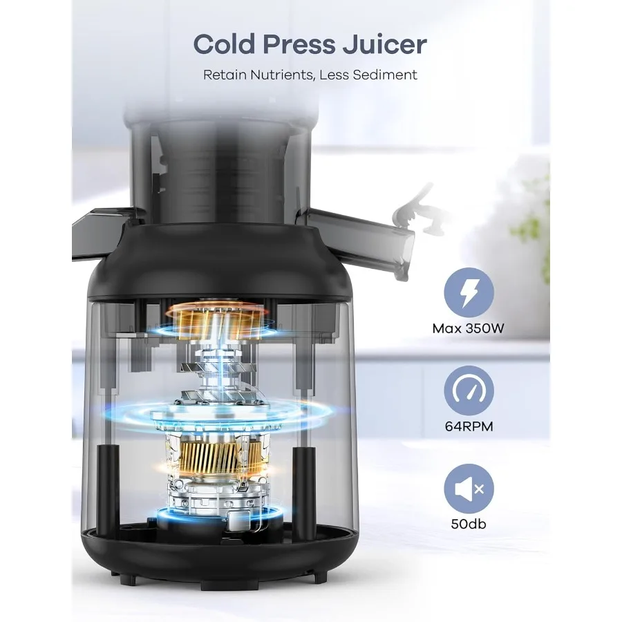 大きな投入口を備えたコールドプレスジューサーは、果物や野菜を丸ごと投入できるように設計されており、3つの機能を備えた低速咀嚼ジューシング技術を採用しています。