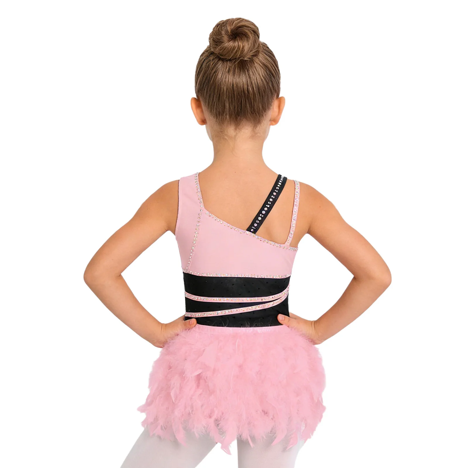 Kids Girls Latin Dance Leotard Rhinestone Feather Sleeveless Gymnastics Ballet Unitard Bodysuit Teen Stage Performance Dancewear
