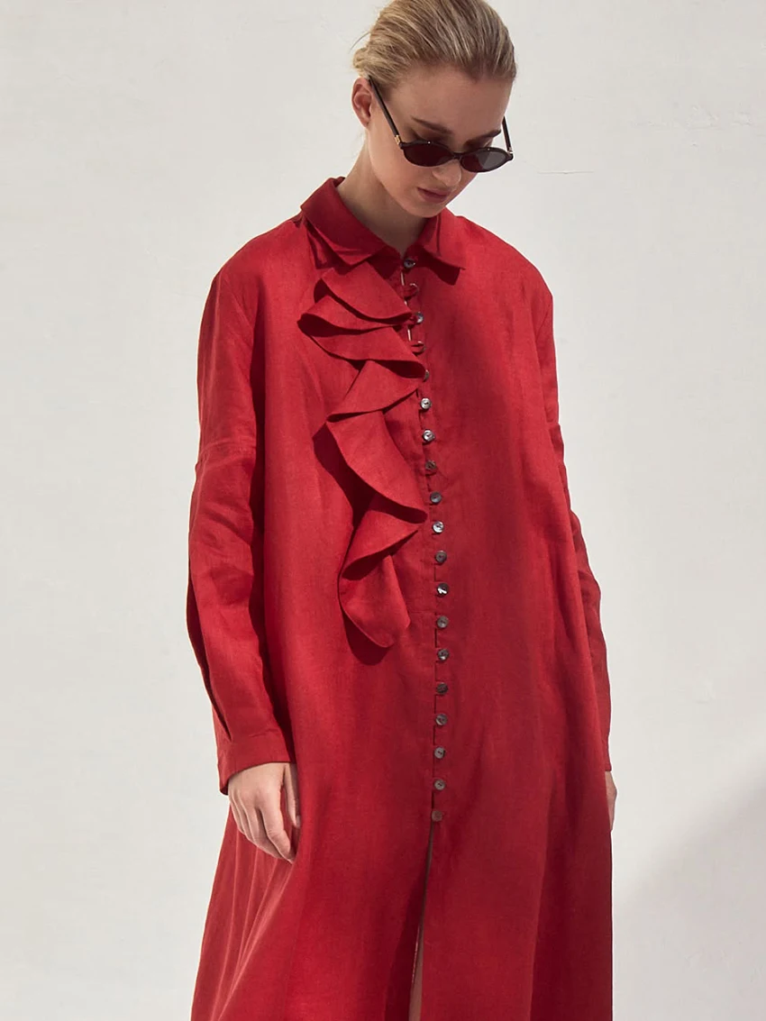 

Marthaqiqi Loose Ladies Sleepwear Sexy Turn-Down Collar Pajama Long Sleeve Nightgowns Casual Ankle-Length Dress Female Nightwear