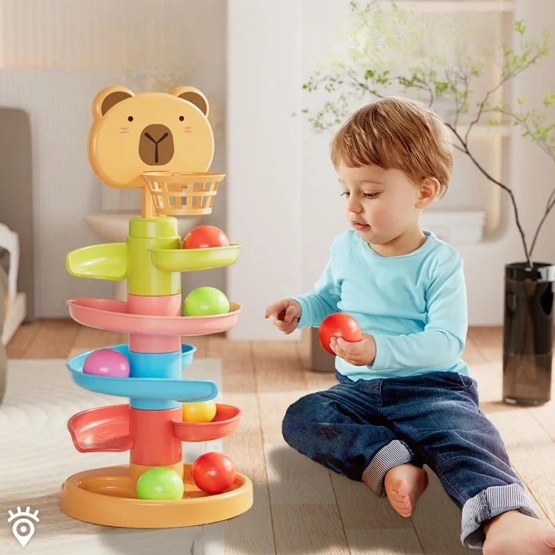 Baby Stacking Toys Montessori Puzzle Track Turn Around Track Rolling Ball Sliding Toys Early Educational Assembling Toy for Kids