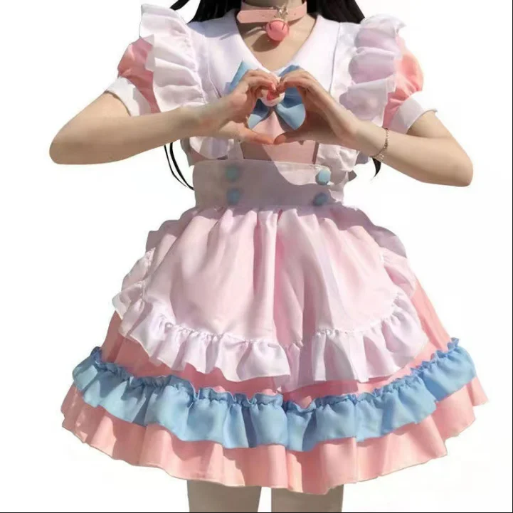 Abito Lolita rosa con scollo a cuore color crema Ragazza carina Cameriera Indossa uniforme Costumi da infermiera a maniche corte Abiti Abito Lolita da cameriera giapponese