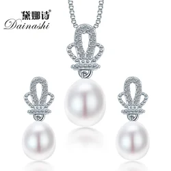 Dainashi 8-9mm Crown Natural Pearl Pendant Earrings 925 Sterling Silver Jewellery Sets White Pink Purple Water Drop Pearl