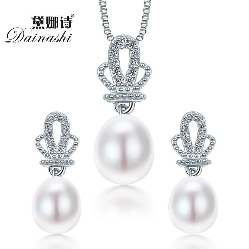 Dainashi 8-9mm korona wisior z naturalną perłą kolczyki 925 Sterling zestawy srebrna biżuteria biały różowy fioletowy kropla wody perła