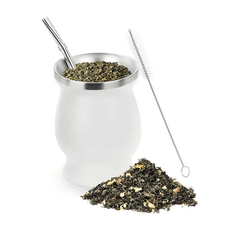 230ml 8oz Yerba Mate Cup, Stainless Steel Double-Walled Tea Mug,Stainless Steel Mate Cup with 1 Bombilla Straw,1 Cleaning Brush