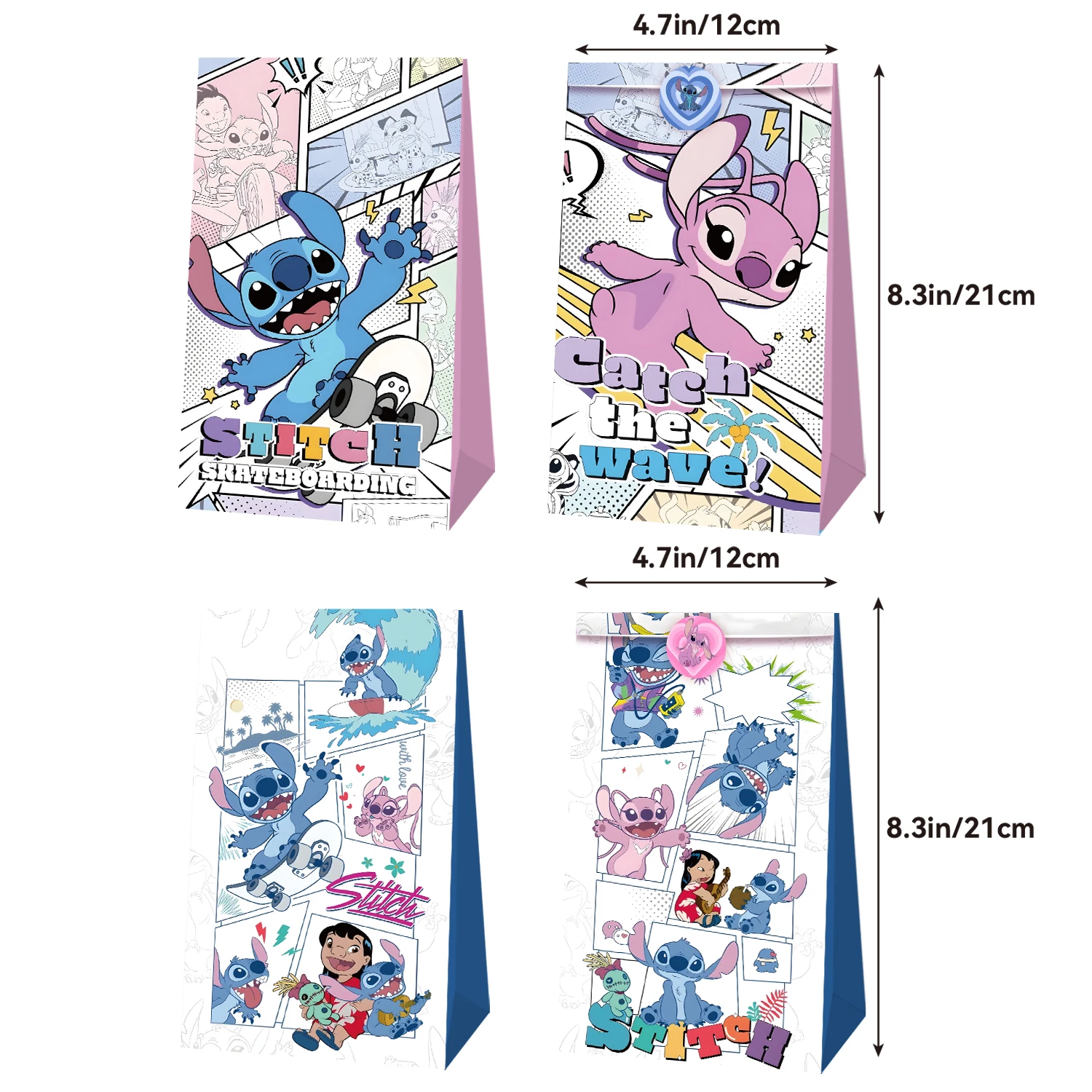 12 pçs conjunto anime lilo & stitch anjo figuras saco de papel doce saco de presente dos desenhos animados bolsa crianças aniversário dia das bruxas natal presente embrulho