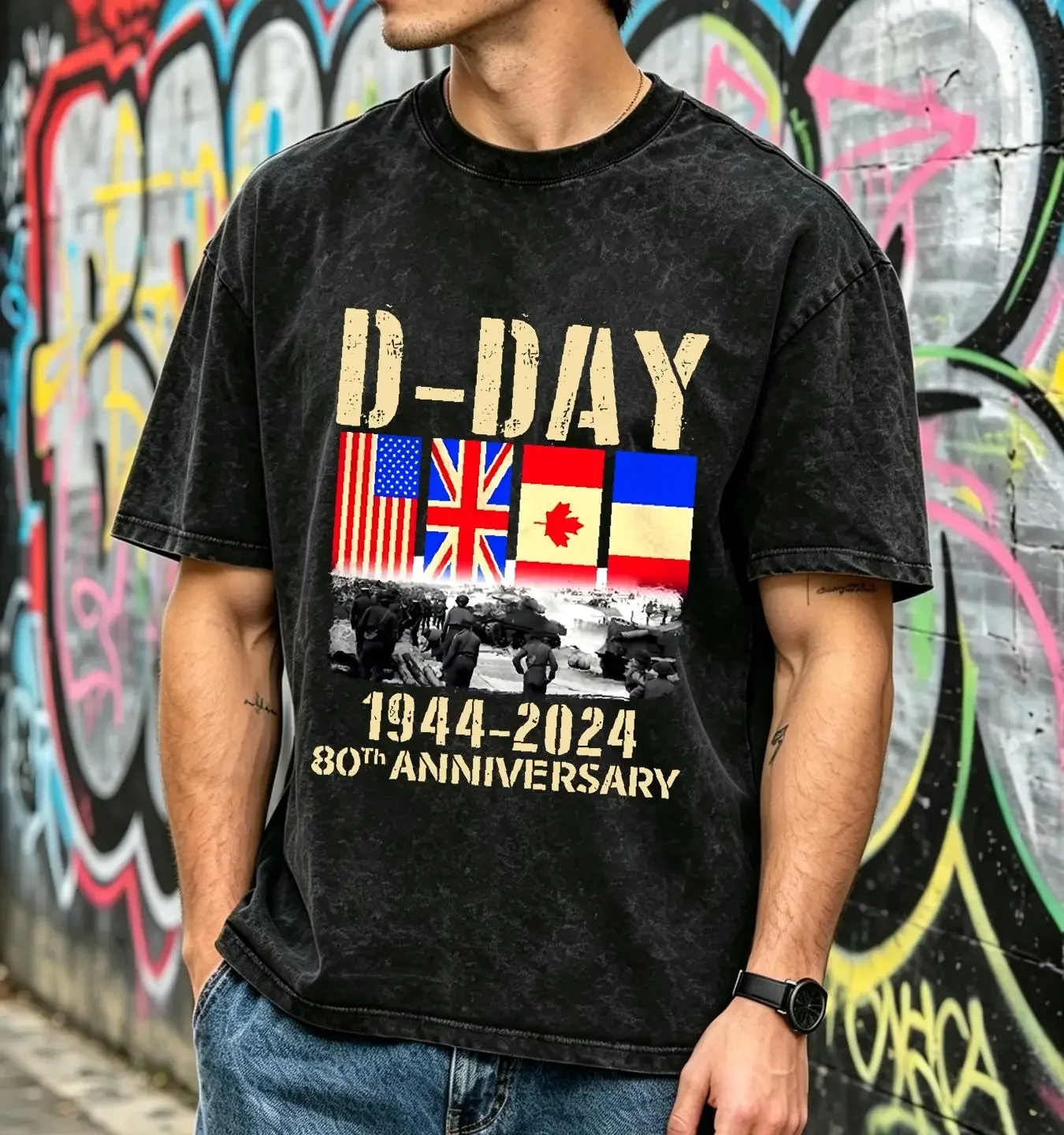 washed T Shirt D Day Normandy Landings 80th Anniversary 1944 2024 UK Flag Top long or short sleeves vintage Washed Versatile