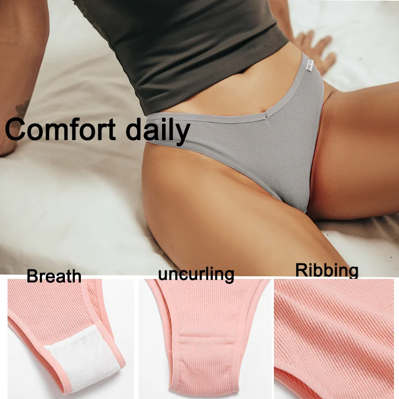 FINETOO 6PCS/Set G-string Panties Waffle Cotton Women\'s Underwear Sexy Panties Female Underpants Thong V-Waist Pantys Lingerie