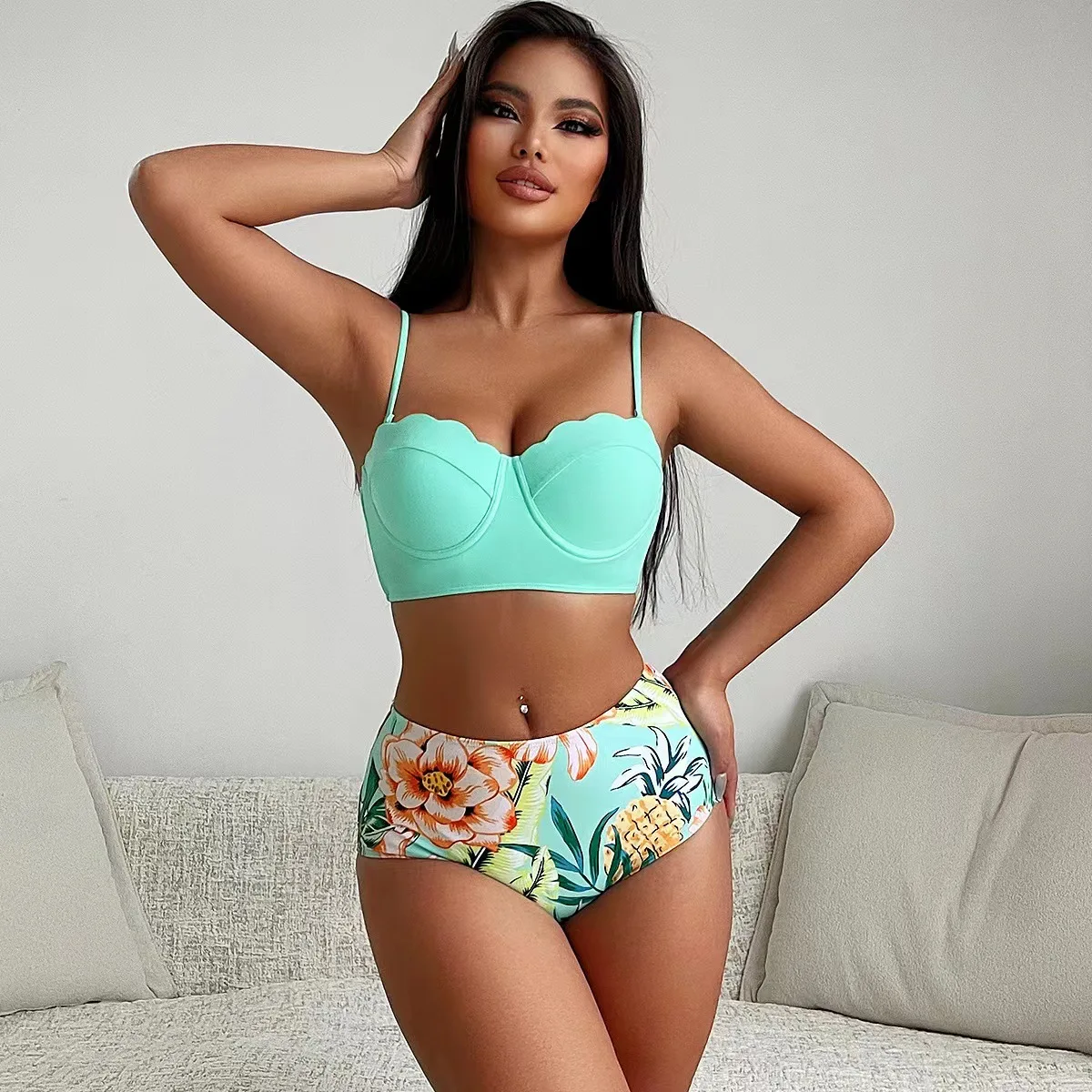 

Nadanbao Swimsuits Bikini Set Women High Waist Fashion Bikini Beachwear Female Floral Printing Backless Bodysuit Swimwear