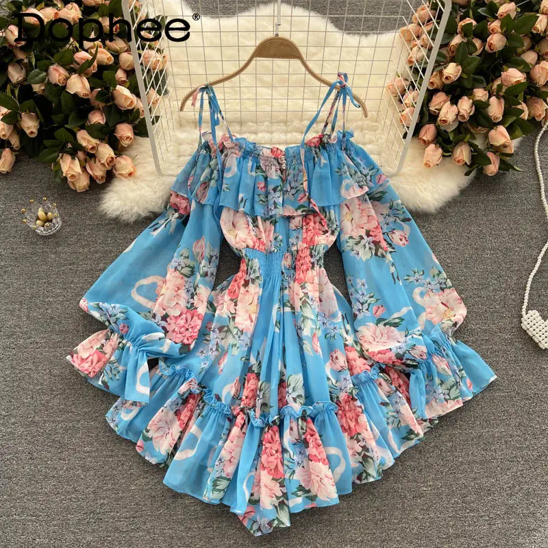 

2026 Summer New Vacation Style Off-Shoulder Dress with Puff Sleeves Short Chiffon Printed Dress for Women