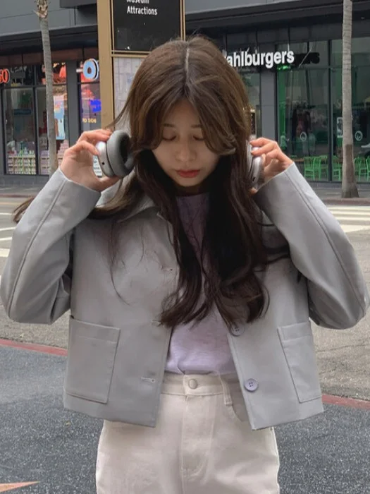 Rétro revers bouton unique cuir Jaet femmes Chic Faion haut de gamme Sensation polyvalent Jaet haut à la mode Long Sve Synthe...