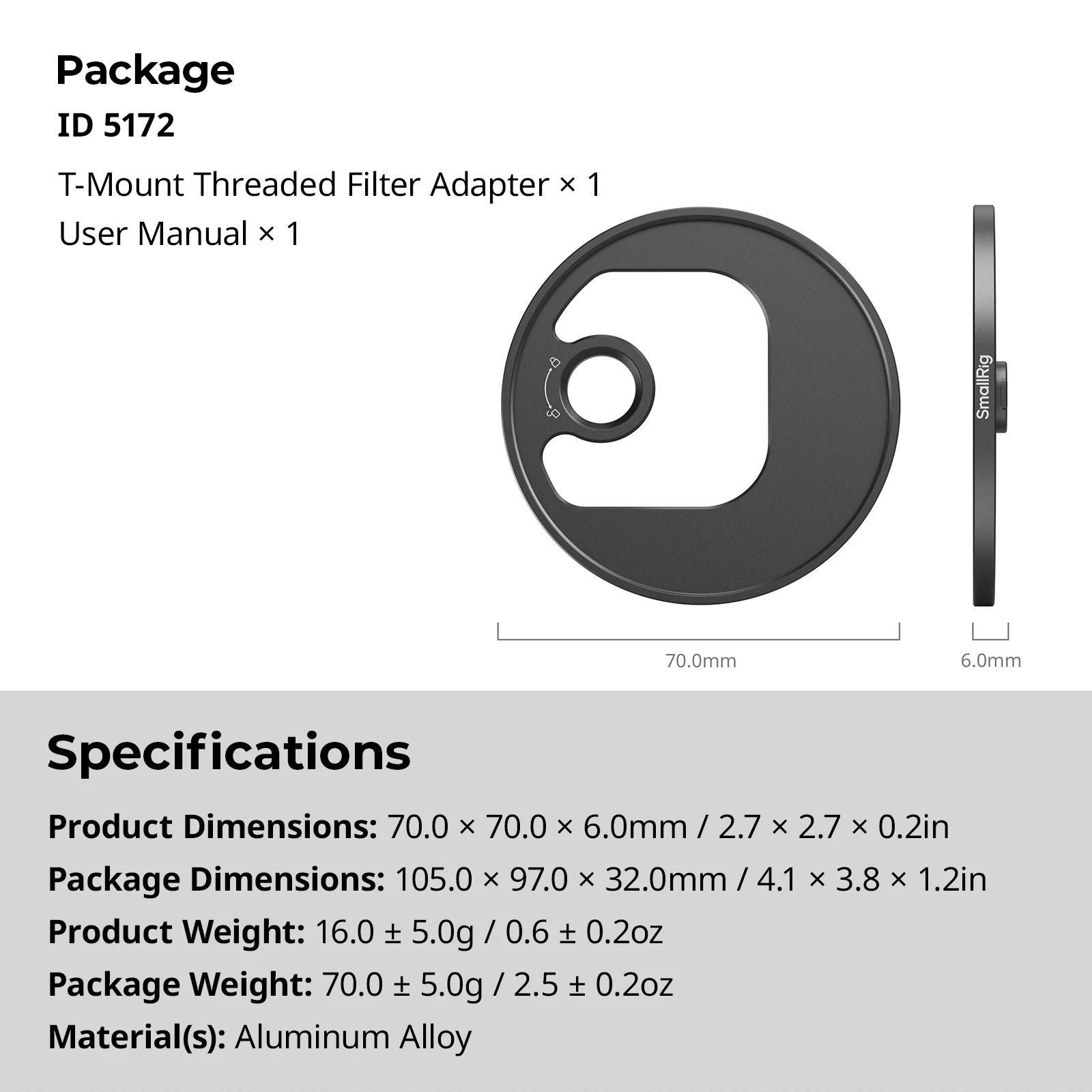 Переходник с резьбовым фильтром SmallRig (T-образное крепление) 67 мм для серии магнитных фильтров 67 мм для светодиодной видеолампы с резьбовым кольцом 67 мм-5172