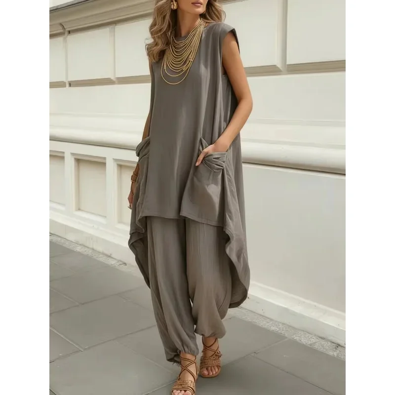Women Loose Two-piece Sets Sleeveless Large Pockets Irregular Long Top & Harem Pants Set Summer Casual Holiday Solid Suits