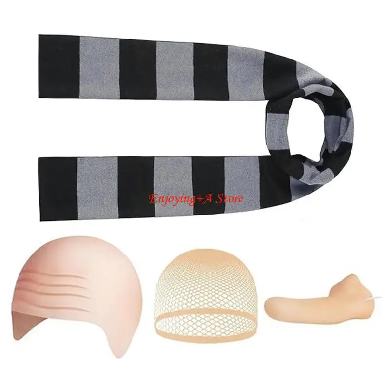 

PXPB Bald Hat Set for Man Gru Costume Accessories Black Gray Striped Scarf False Nose Bald Caps