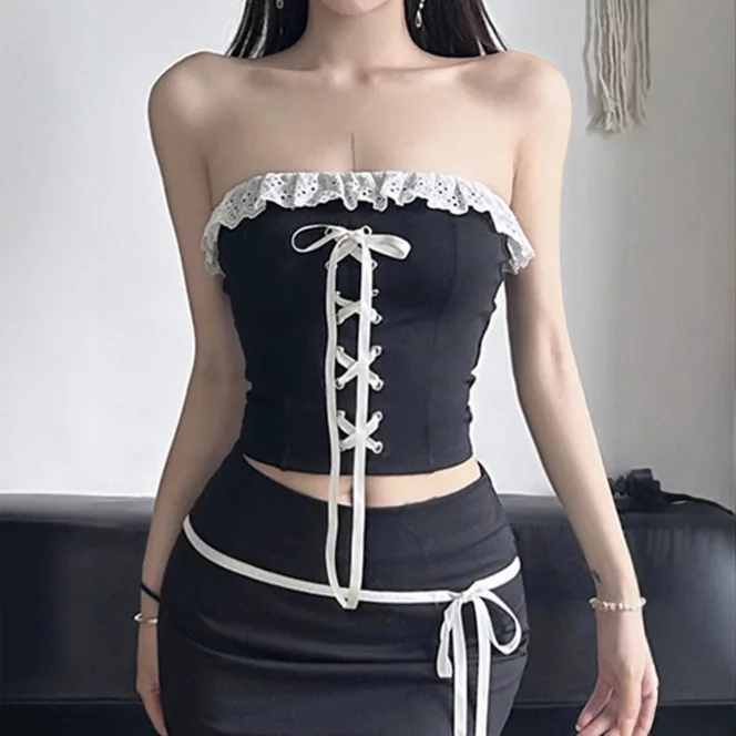 

Sweet And Spicy Sle Contrasting Lace up Strapl Top for Men Ciwalk Spring Season Micro Stretch Pure Color ort Pants