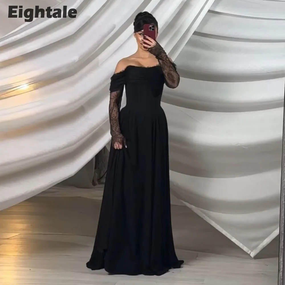 Eightale Black Wedding Dresses Off the Shoulder Lace Long Sleeves A-Line Beach Bridal Gows Wedding Party Dress