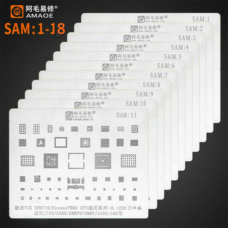 18pcs/lot Amaoe SAM 1- 18 BGA Reballing Stencil For Samsung Note5 A520 A54 A310 A9 J5 S8+ S8 NOTE8 NOTE10 CPU Power Chips