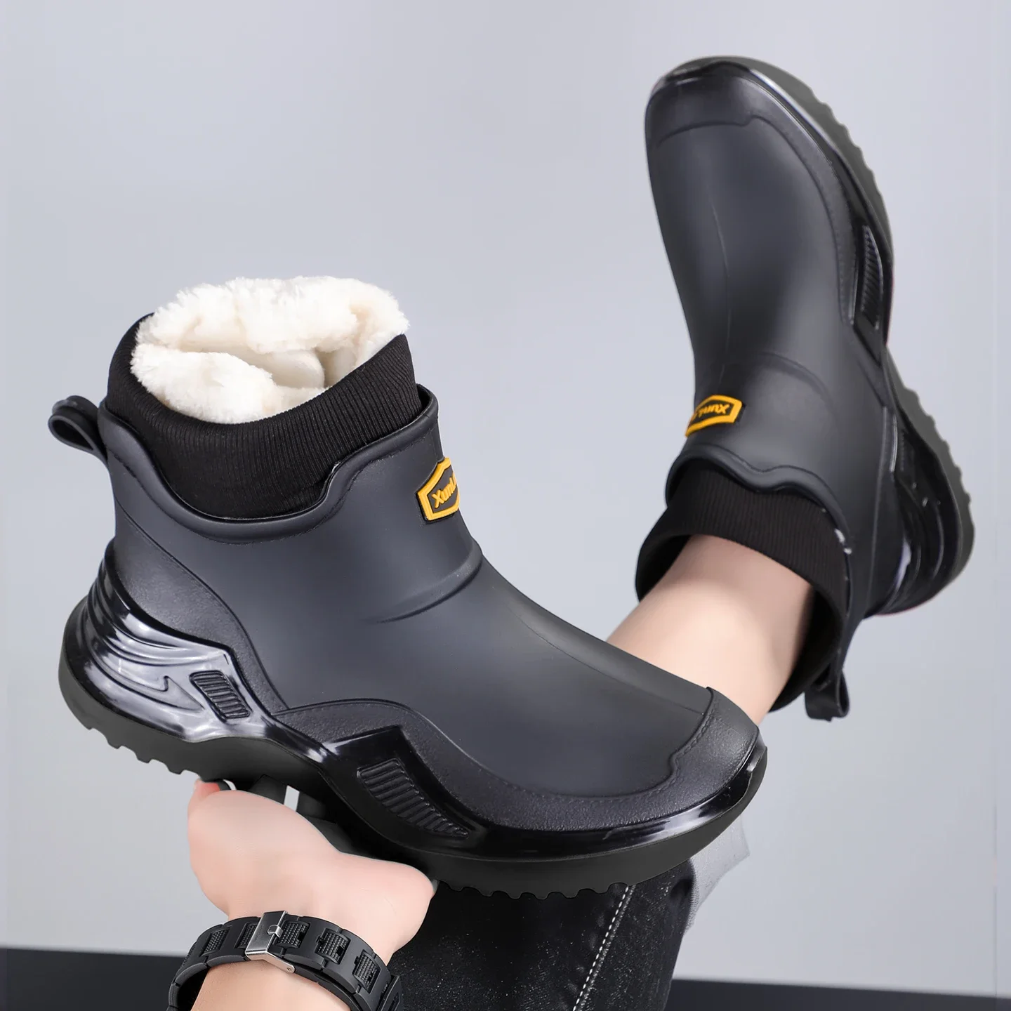 Men Women Winter Waterproof Rain Boots Fleece Warm Snow Sock Cuff Anti Slip Ankle Boots Outdoor Work Garden Shoes Size 36-46