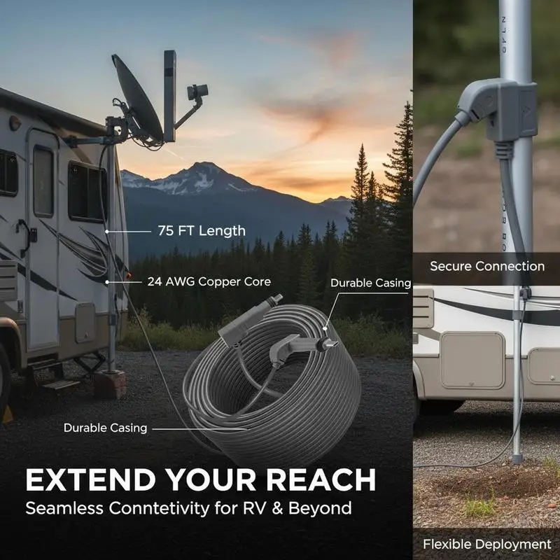 Replacement Data Link 75 FT For RV Backyard Camping 24 AWG Copper Core Extension Connection Standard Generation 2 Rectangular Satellite V2 Flexible Wiring