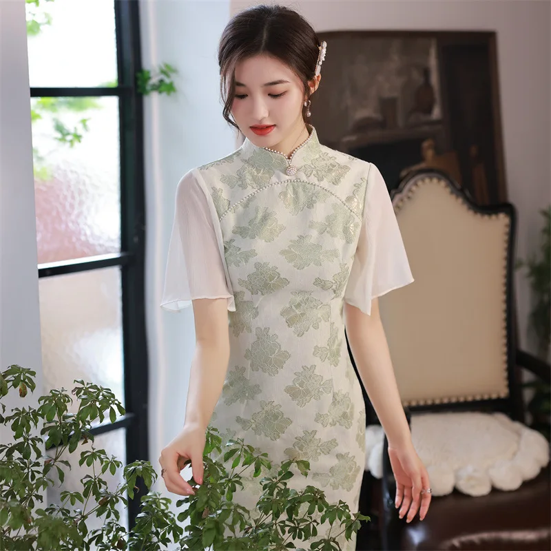 

Summer 2022 Feifei-sleeved Composite Lace Mid-length Cheongsam Fairy Skirt Fresh Qipao Chinese Traditional Dress for Girls