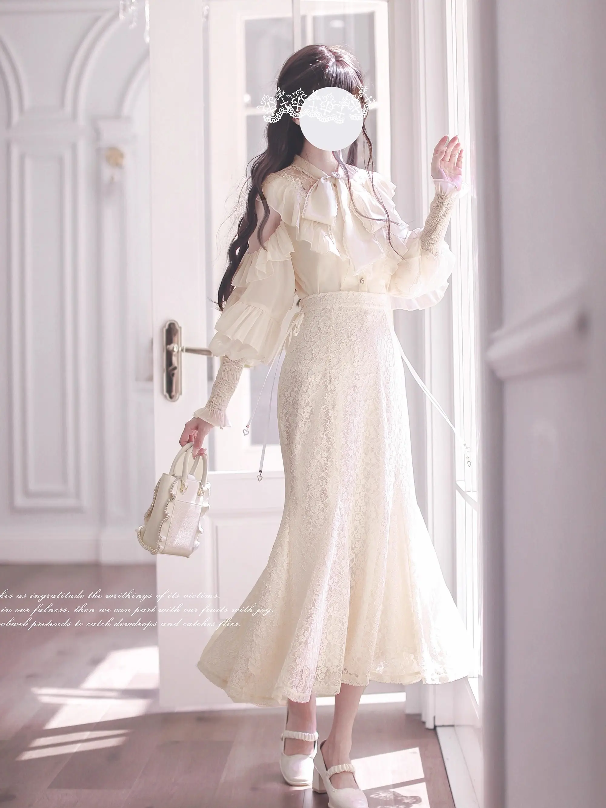 Conjunto de dos piezas de camisa y falda de manga larga japonesa Mine Lolita para mujer, falda de sirena de encaje dulce y elegante, primavera y otoño