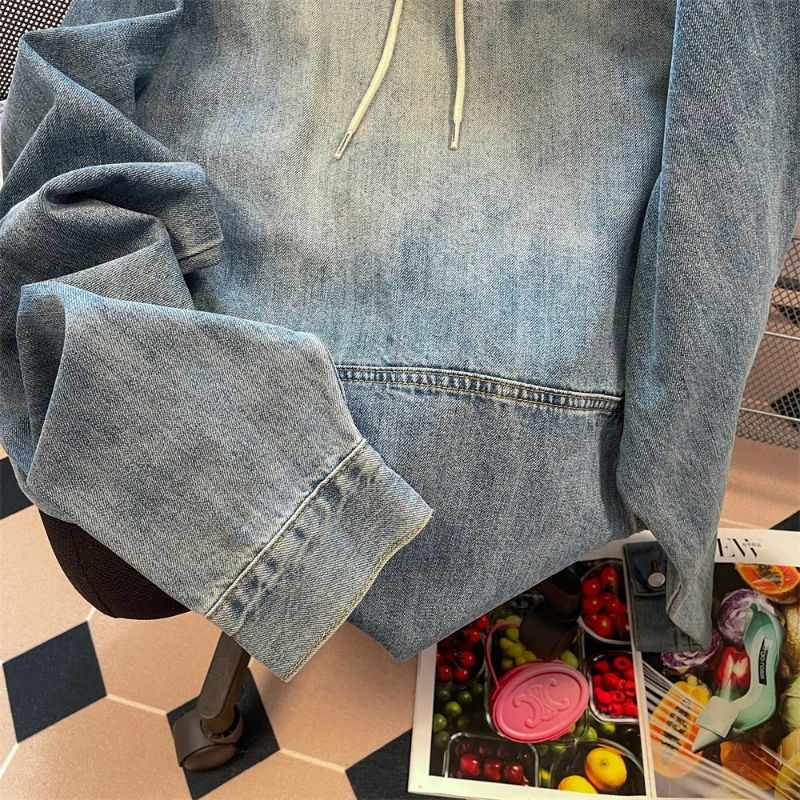 Men & Women Couples Denim Hooded Pullovers Drawstring Solid Color Loose Sweatshirts Vintage Big Pocket Raglan Sleeve Hoodies