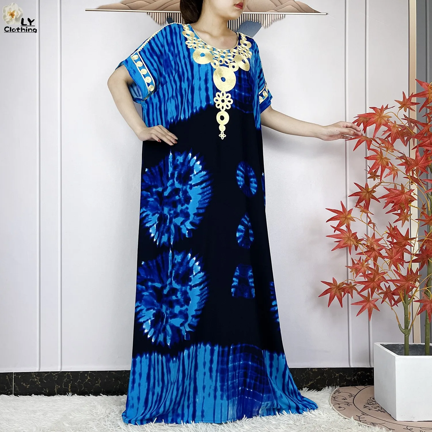 2024 New Summer Abaya African Women Dashiki 100% Cotton Floral Casual Dress Printed Short Sleeve Loose Maxi Dubai Islam Dresses